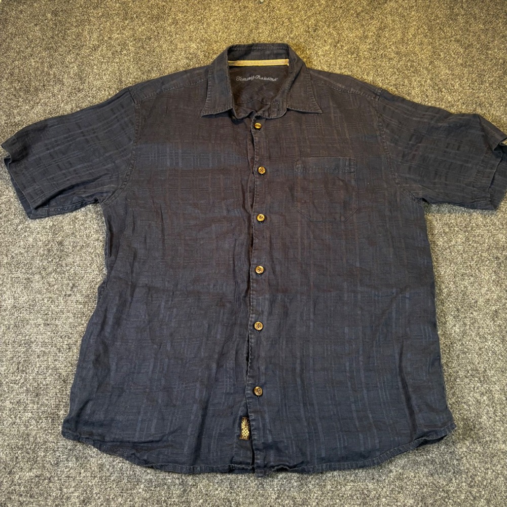 Tommy‎ Bahama Men's Linen Blend Short Sleeve Button Up Shirt Navy Blue M